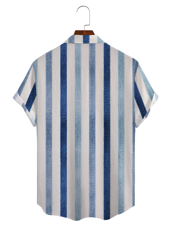 Geometric stripe printed cotton and linen style comfortable hemp short-sleeved shirt