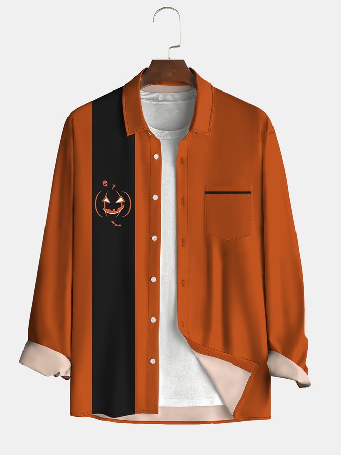 Men's Halloween Pumpkin Print Casual Breathable Long Sleeve Shirt