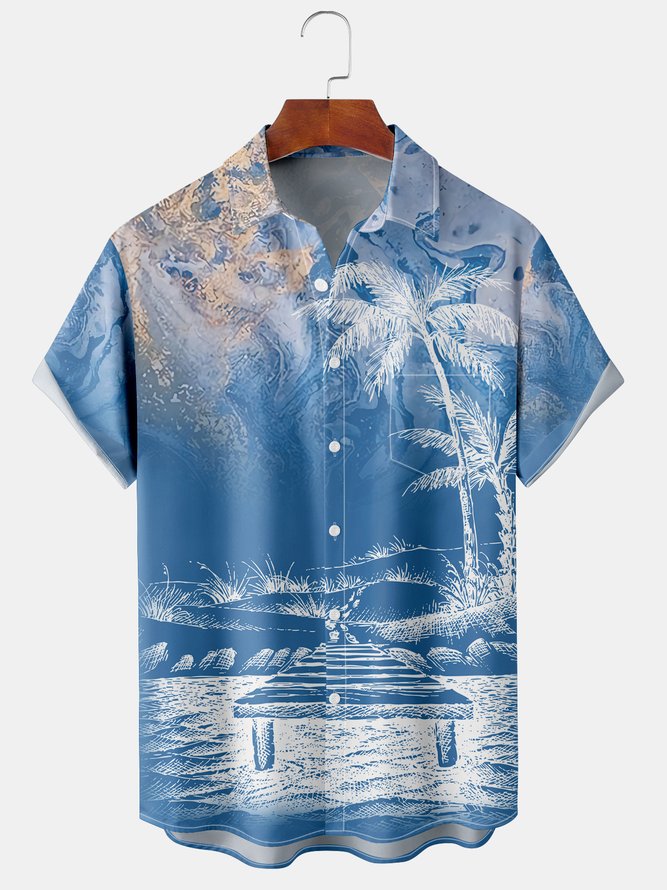 Resort style Hawaii Series Gradient Color Marbled Plant Coconut Eree Element Pattern Lapel Short Sleeve Chest Pocket Shirt Printed Top