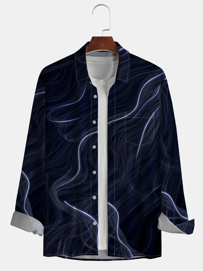 Mens Lines Print Front Buttons Soft Breathable Chest Pocket Casual Bowling Shirts