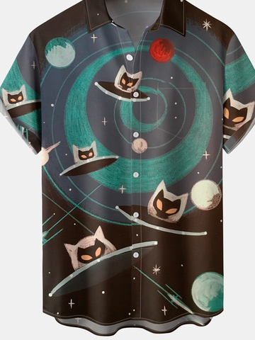 Men's Casual Art Cat Spacecraft Print Short Sleeve Hawaiian Shirt with Chest Pocket