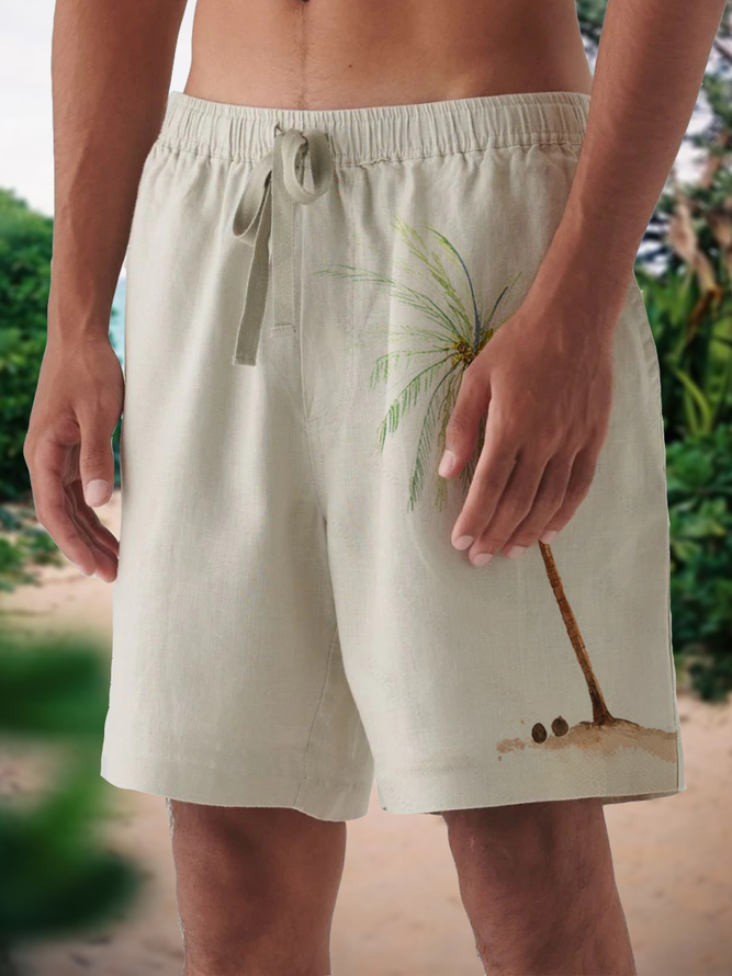 Men Casual Summer Coconut Tree Natural Micro-Elasticity Loose Beach Shorts Chemical Fiber Blend H-Line Shorts-image-15733090