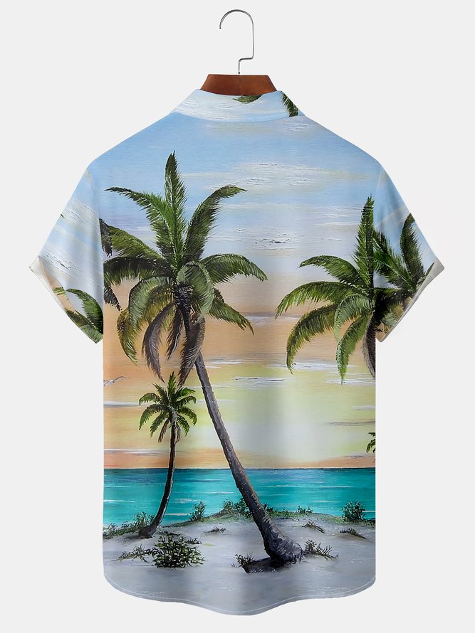 Men Casual Summer Coconut Tree Lightweight Micro-Elasticity Daily Short sleeve Regular H-Line shirts