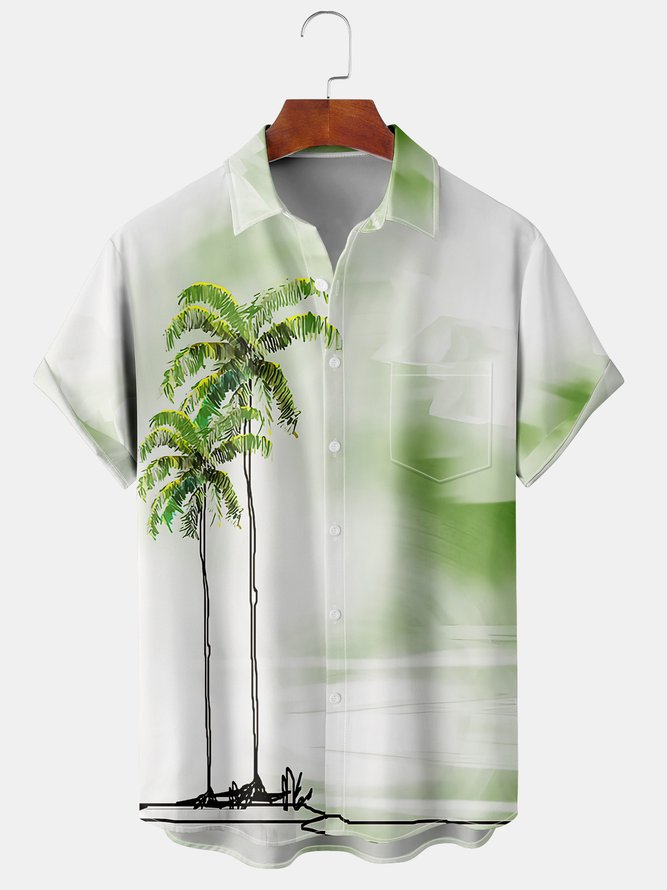 Men Casual Summer Coconut Tree Polyester Micro-Elasticity Vacation Regular Fit Shirt Collar Regular Size shirts