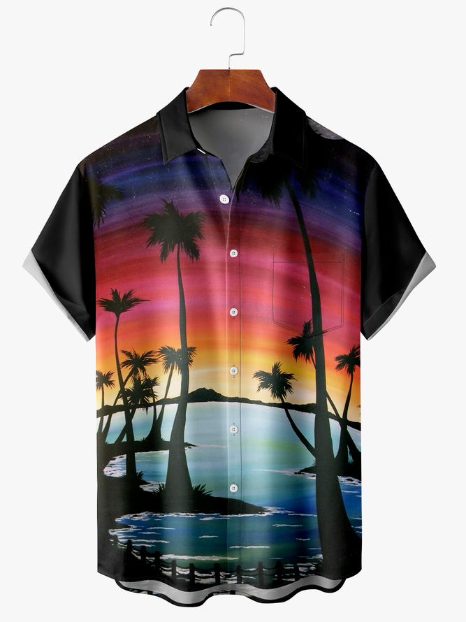 Men's Coconut Tree Print Anti-Wrinkle Moisture Wicking Fabric Fashion Hawaiian Lapel Short Sleeve Shirts