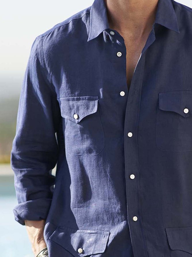 Men Plain Autumn Linen Daily Regular Fit Long sleeve Cotton-Blend H-Line Regular Size shirts