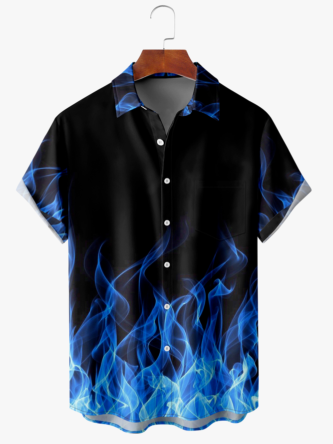 Mens Halloween Fire Anti-Wrinkle Short Sleeve Shirt Hawaiian Novelty Lapel Chest Pocket Top