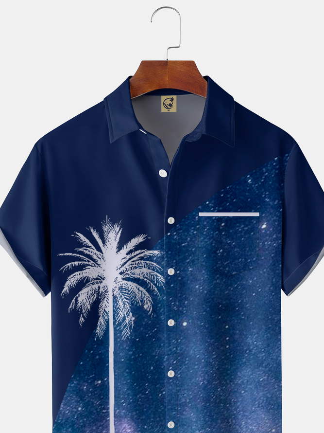 Mens Starry Night Coconut Tree Print Front Buttons Soft Breathable Chest Pocket Casual Hawaiian Shirts