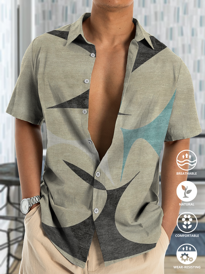Cotton and linen style of abstract geometry printing short sleeve shirt