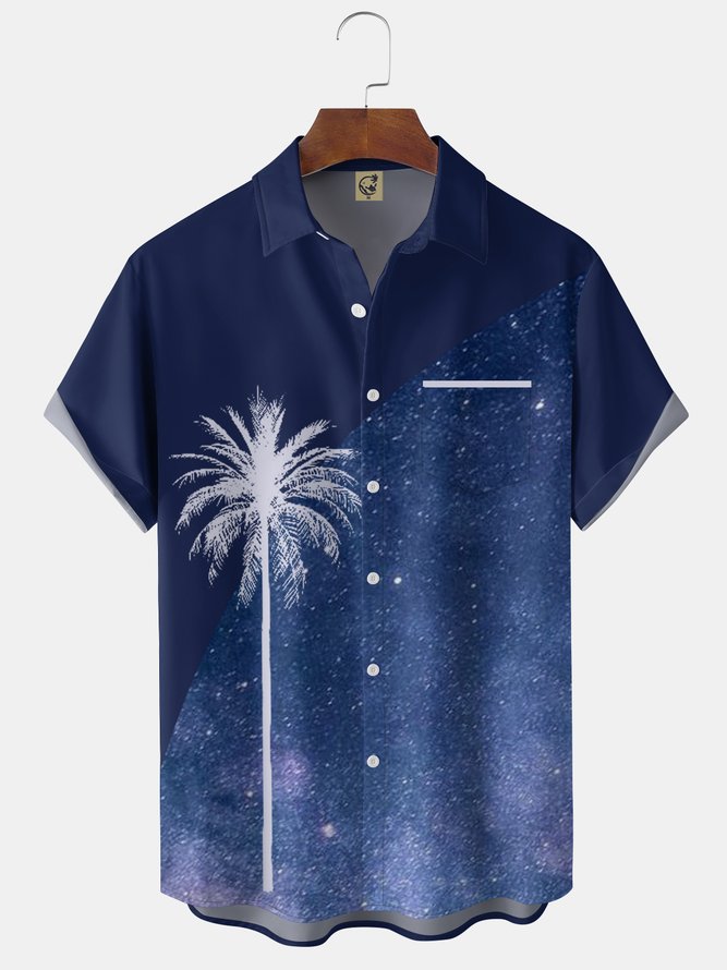 Mens Starry Night Coconut Tree Print Front Buttons Soft Breathable Chest Pocket Casual Hawaiian Shirts