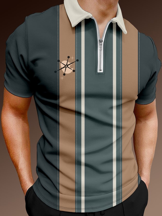 Men Striped Casual Summer Polyester Printing Micro-Elasticity Shawl Collar H-Line Regular Size Polo shirt