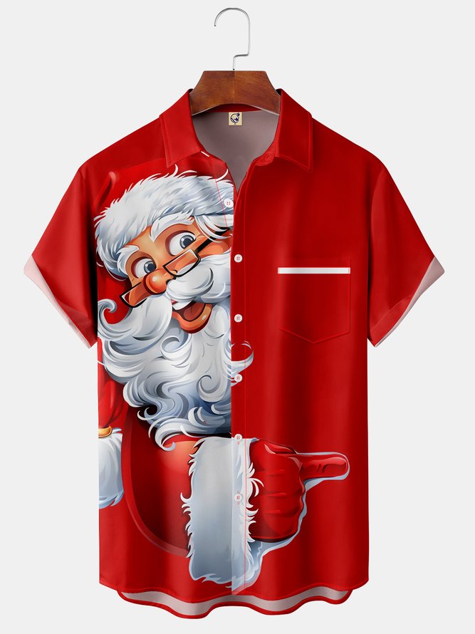 Mens Christmas Santa Print Front Buttons Soft Breathable Chest Pocket Casual Hawaiian Shirt
