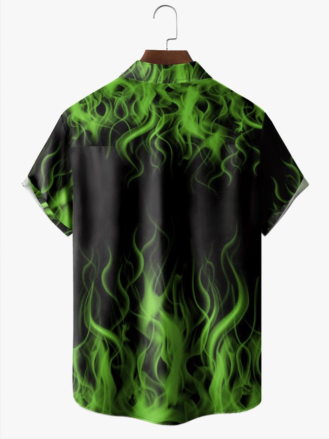 Mens Halloween Fire Print Short Sleeve Shirt Anti-Wrinkle Moisture Wicking Hawaiian Lapel 