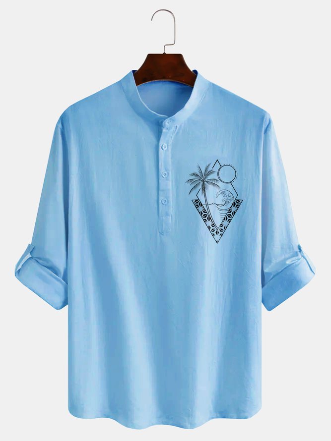 Autumn Coconut Tree Linen Stand Collar Household Regular Fit Long sleeve Regular Regular shirts for Men