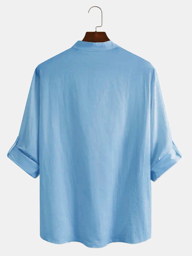 Autumn Coconut Tree Linen Stand Collar Household Regular Fit Long sleeve Regular Regular shirts for Men