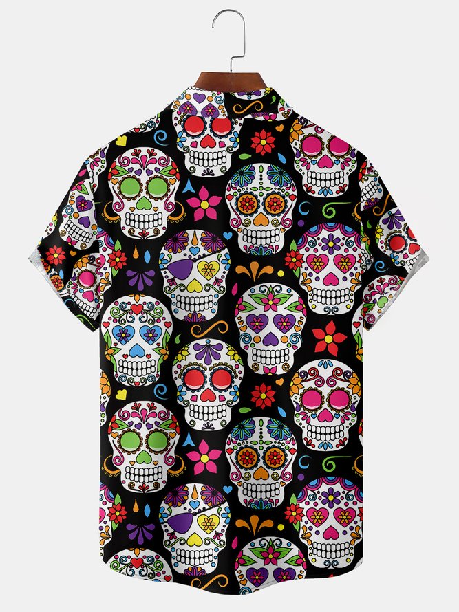 Mens Retro Skull Print Front Buttons Soft Breathable Chest Pocket Casual Hawaiian Shirts