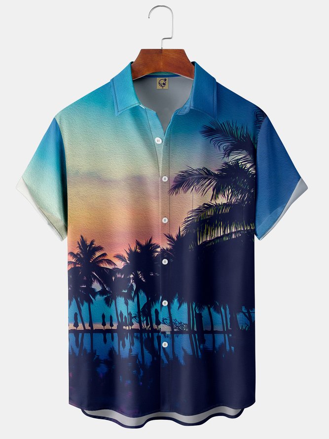 Scenes Coconut Tree Chest Pocket Short Sleeve Hawaiian Shirt
