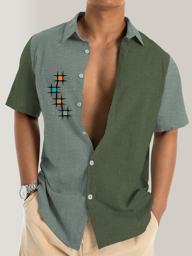 Cotton and Linen Style Mid-Century Geometric Abstract Contrast Colorblock Short Sleeve Shirt