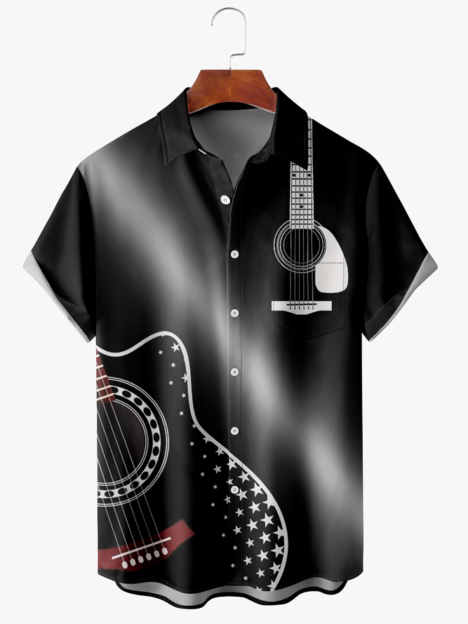Men's Guitar Music Print Fashion Lapel Short Sleeve Hawaiian Shirt