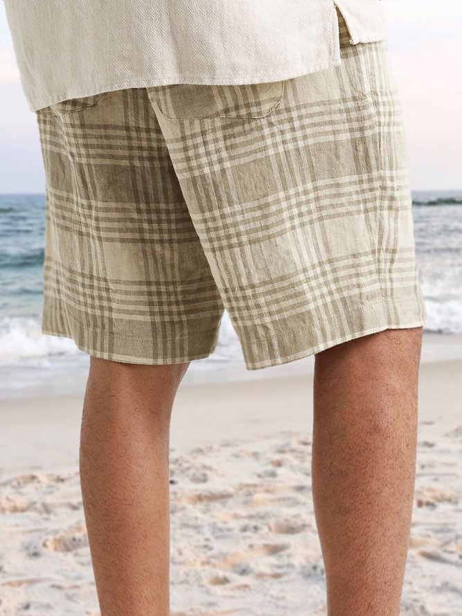 Men's Cotton and Linen Stretch Waist Plaid Print Shorts