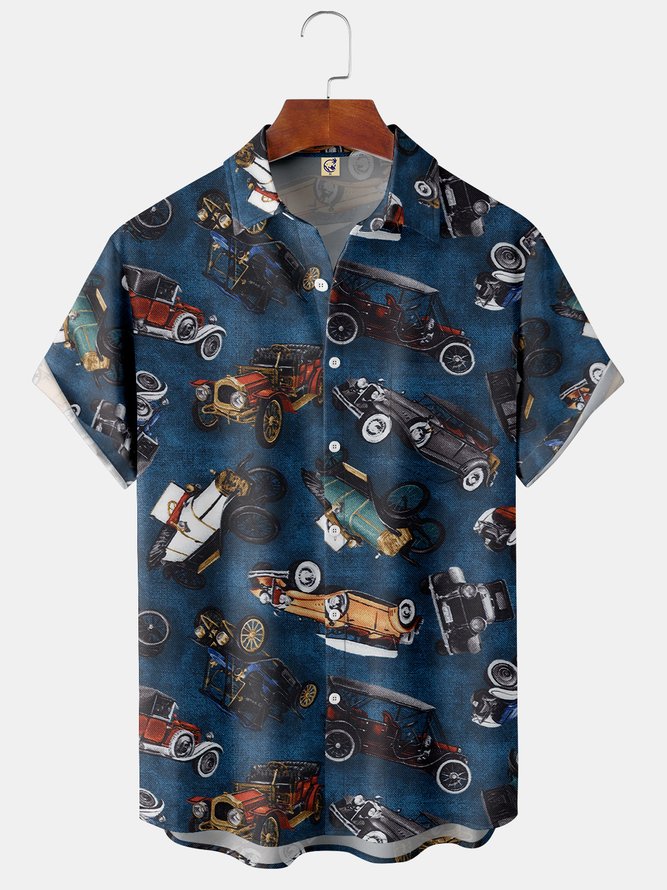 Men's Pocket Retro Car Print Casual Breathable Short Sleeve Shirt