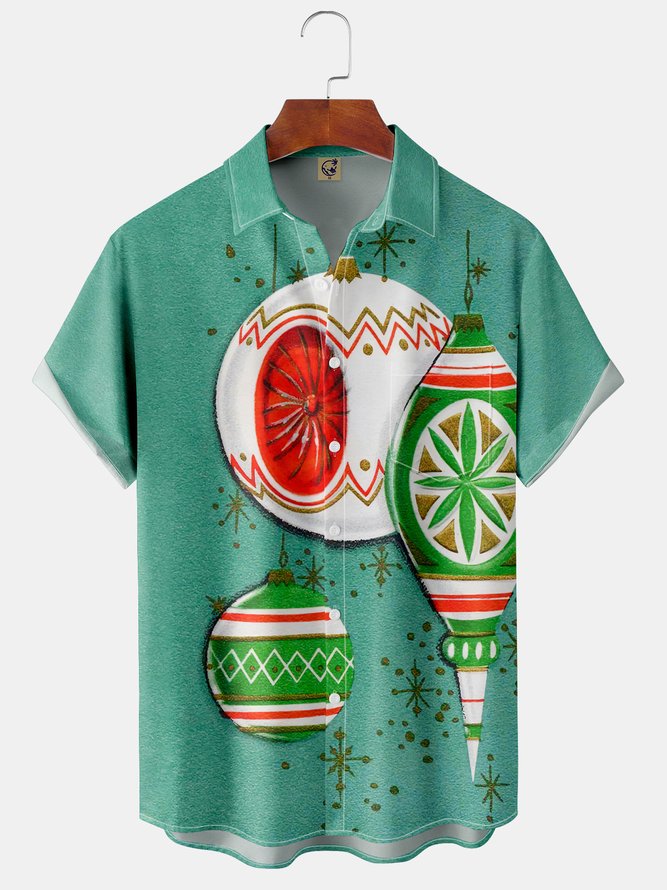 Casual Festive Collection Mid-Century Retro Geometric Stripes Christmas Lapel Short Sleeve Chest Pocket Shirt