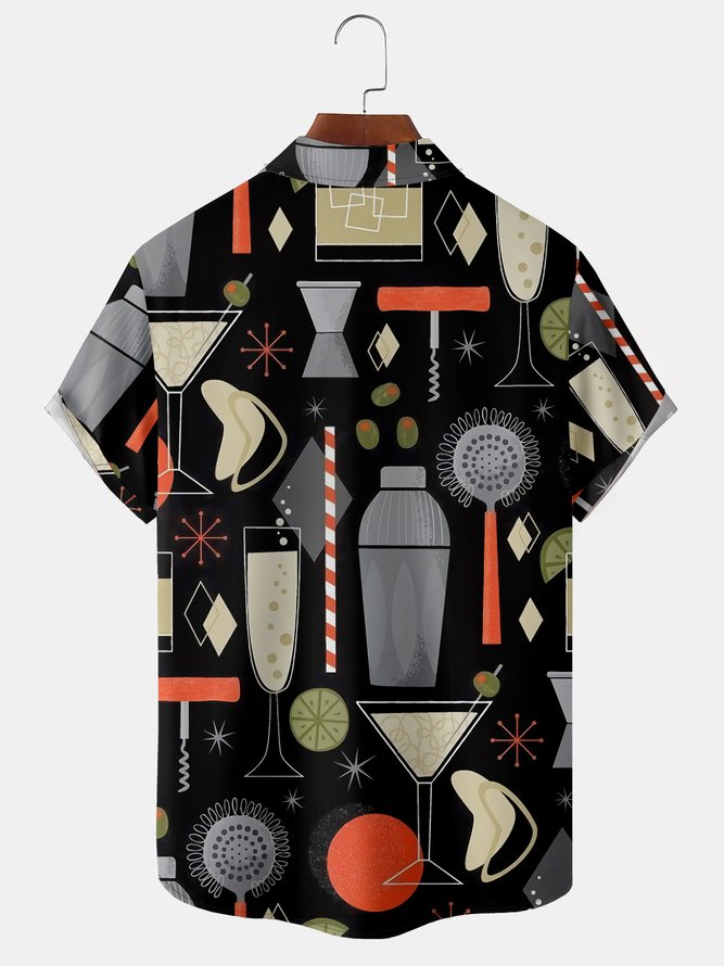 Geometric Wine Glass Chest Pocket Short Sleeve Shirt