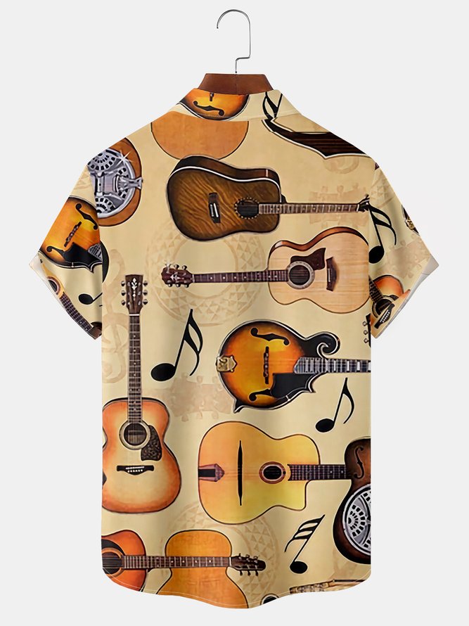 Guitar Pattern Chest Pocket Short Sleeve Shirt Music Collection Vintage Lapel Top