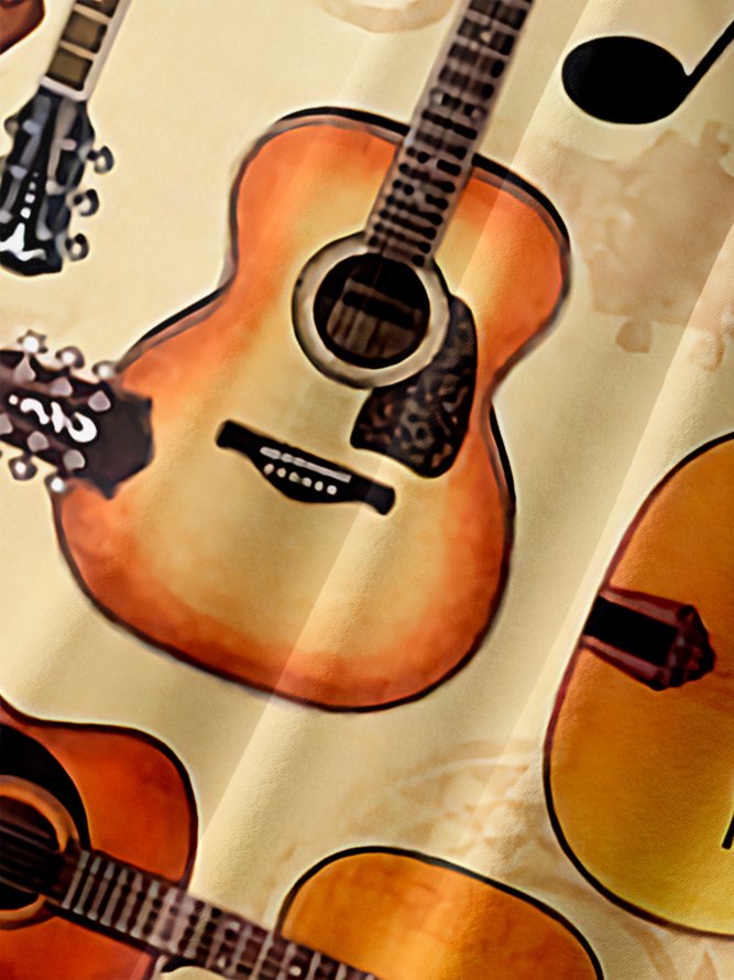 Guitar Pattern Chest Pocket Short Sleeve Shirt Music Collection Vintage Lapel Top