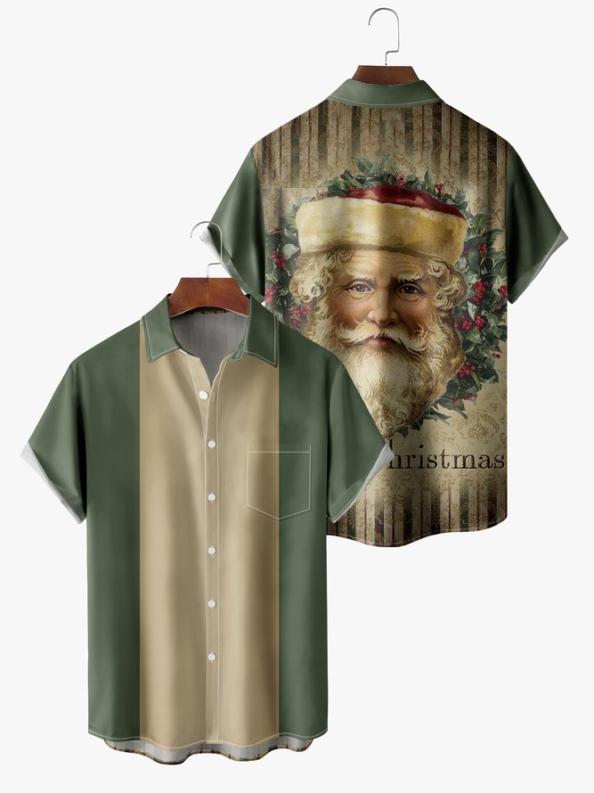 Men's Santa Print Casual Short Sleeve Hawaiian Shirt with Chest Pocket