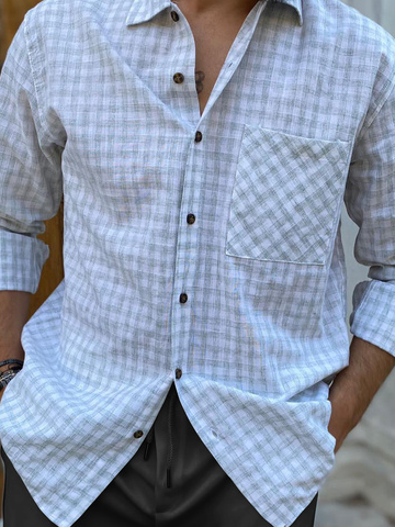 Men's Cotton and Linen Style Check Pocket Long Sleeve Shirt