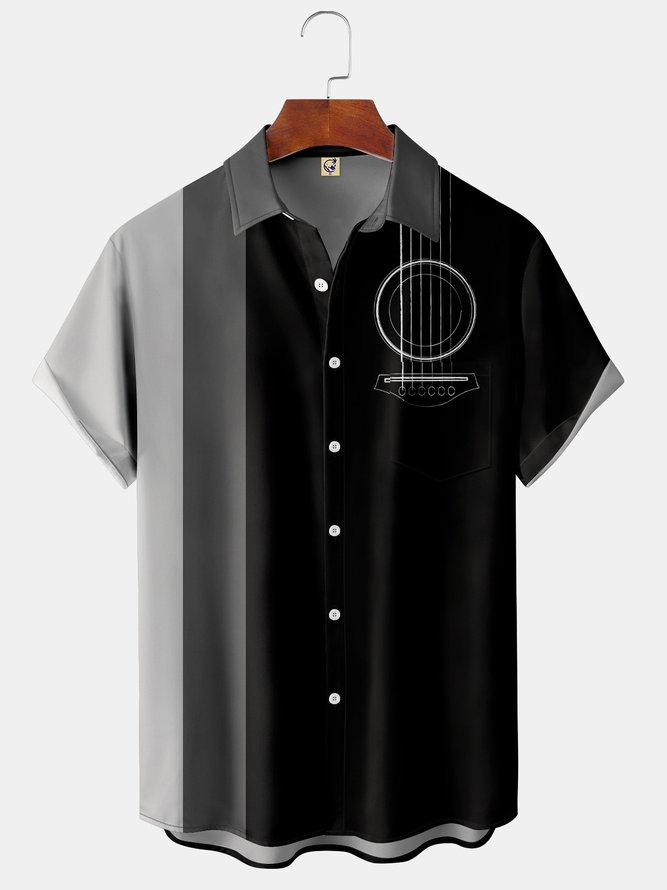 Men's Simple Striped Music Print Casual Breathable Hawaiian Short Sleeve Shirt