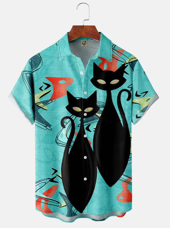 Men's Medieval Cat Print Casual Breathable Hawaiian Short Sleeve Shirt