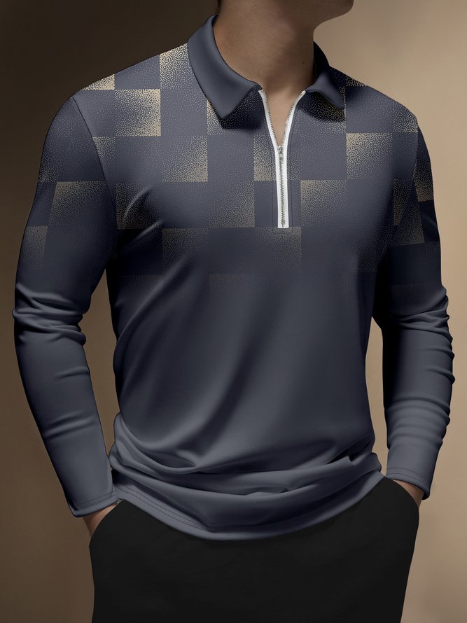 Casual Art Collection 3D Gradient Geometric Color Block Pattern Lapel Zip Long Sleeve Print Polo Shirt