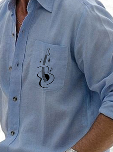 Men's Cotton Linen Style Guitar Graphic Print Pocket Long Sleeve Shirt