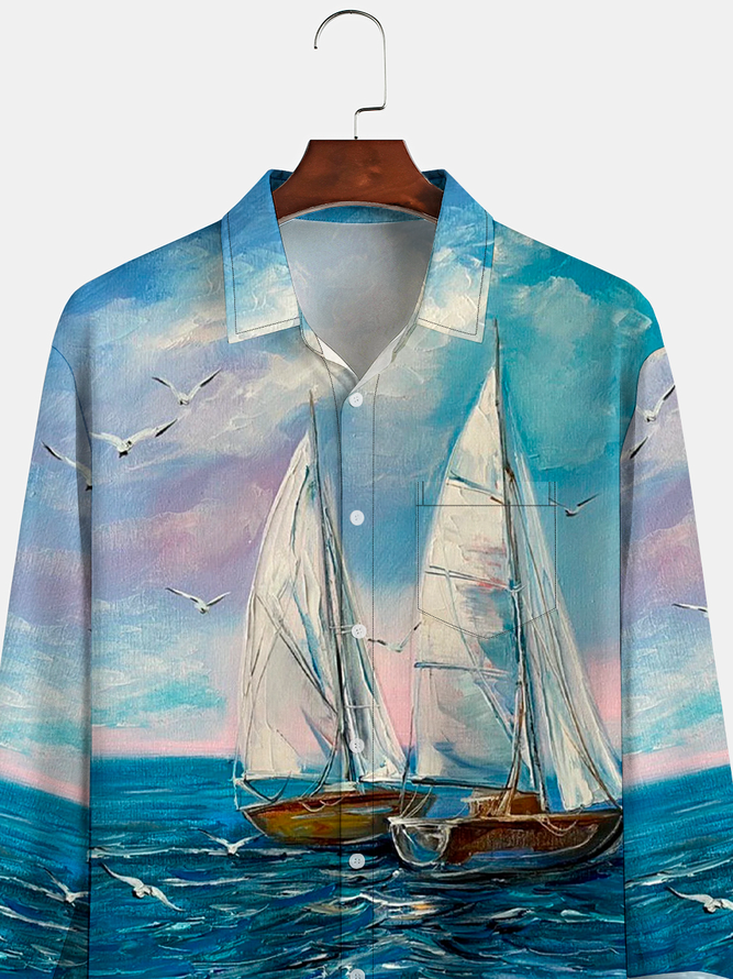 Mens Sail Boat Oil Painting Print Front Buttons Soft Breathable Chest Pocket Casual Hawaiian Shirt