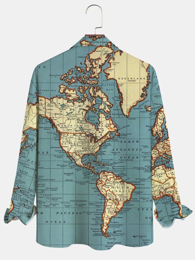 Mens Map Print Front Buttons Soft Breathable Chest Pocket Casual Hawaiian Shirts