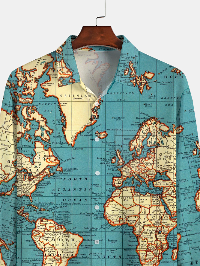 Mens Map Print Front Buttons Soft Breathable Chest Pocket Casual Hawaiian Shirt