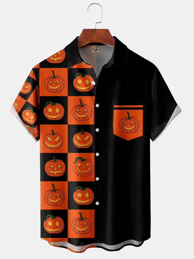 Mens Vintage Halloween Pumpkin Print Front Button Short Sleeve Shirt Chest Pocket Casual Hawaiian Shirt