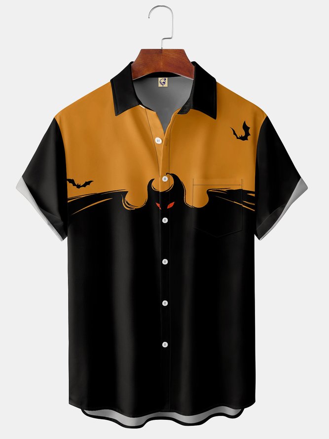 Men's Vintage Halloween Bat Print Front Button Soft Breathable Chest Pocket Casual Hawaiian Shirt