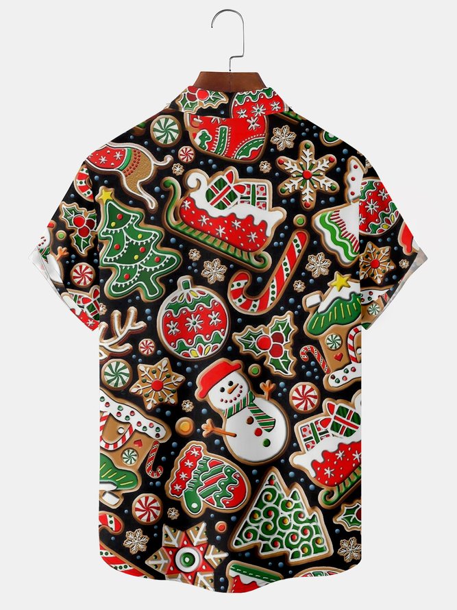 Mens Christmas Events Print Front Buttons Soft Breathable Chest Pocket Casual Hawaiian Shirt
