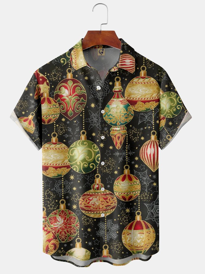 Mens Retro Christmas Derocation Print Front Buttons Soft Breathable Chest Pocket Casual Hawaiian Shirts