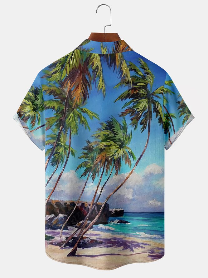 Mens Coconut Tree Painting Print Front Buttons Soft Breathable Chest Pocket Casual Hawaiian Shirts