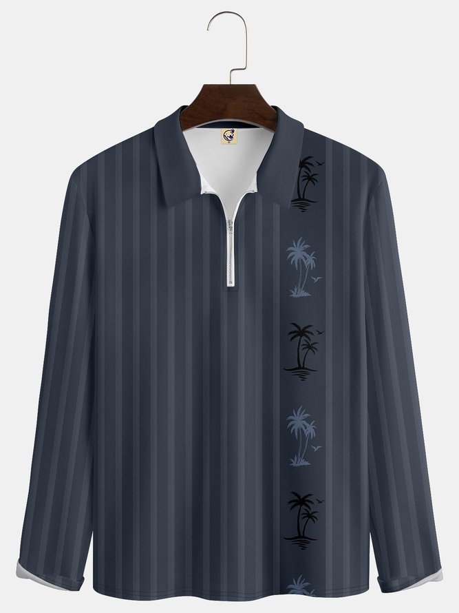 Resort Hawaiian Striped Geometric Color Block Coconut Tree Pattern Lapel Zip Long Sleeve Print Polo Shirt