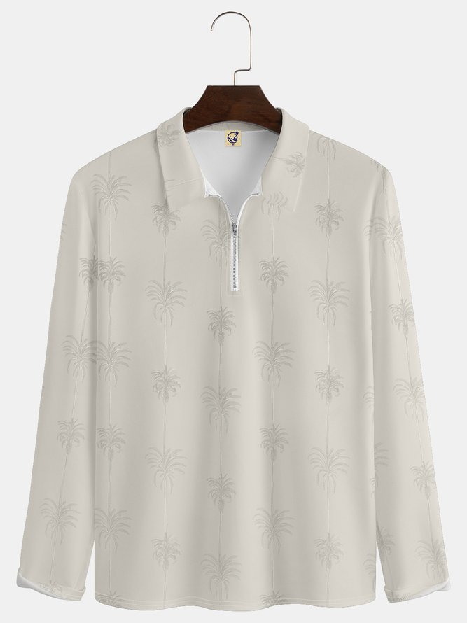 Resort-style Hawaiian Botanical Coconut Tree Pattern Lapel Zip Long Sleeve Print Polo Shirt