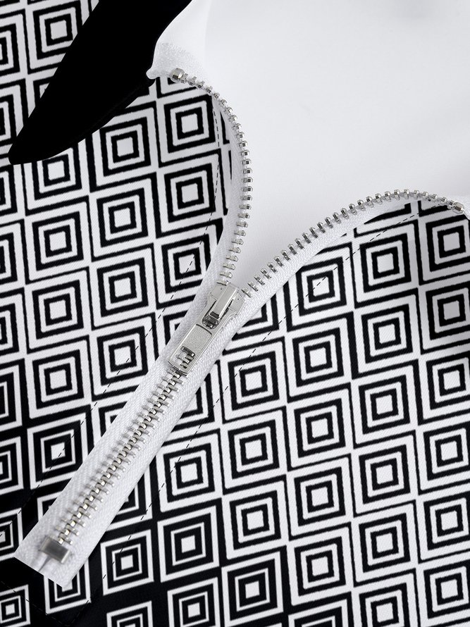 Men's Geometric Gradient Zip Long Sleeve Polo Shirt Casual Art Collection Lapel Print Top