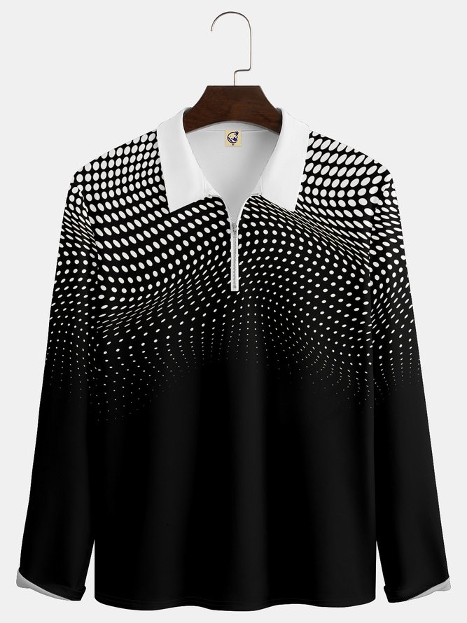 Casual Art Collection Abstract Polka Dot Lapel Zip Long Sleeve Print Polo Shirt