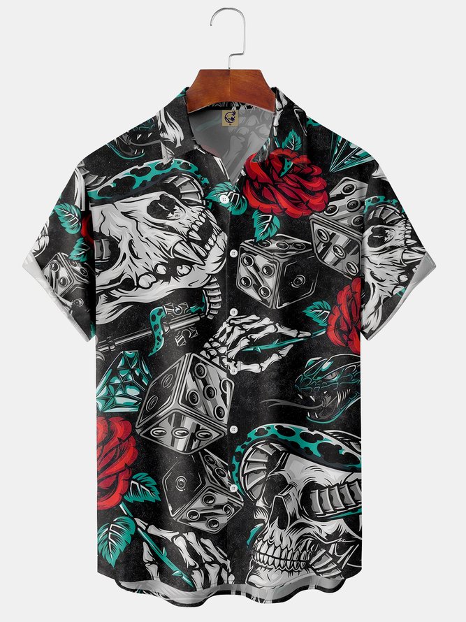 Mens Skull Print Front Buttons Soft Breathable Chest Pocket Casual Hawaiian Shirts