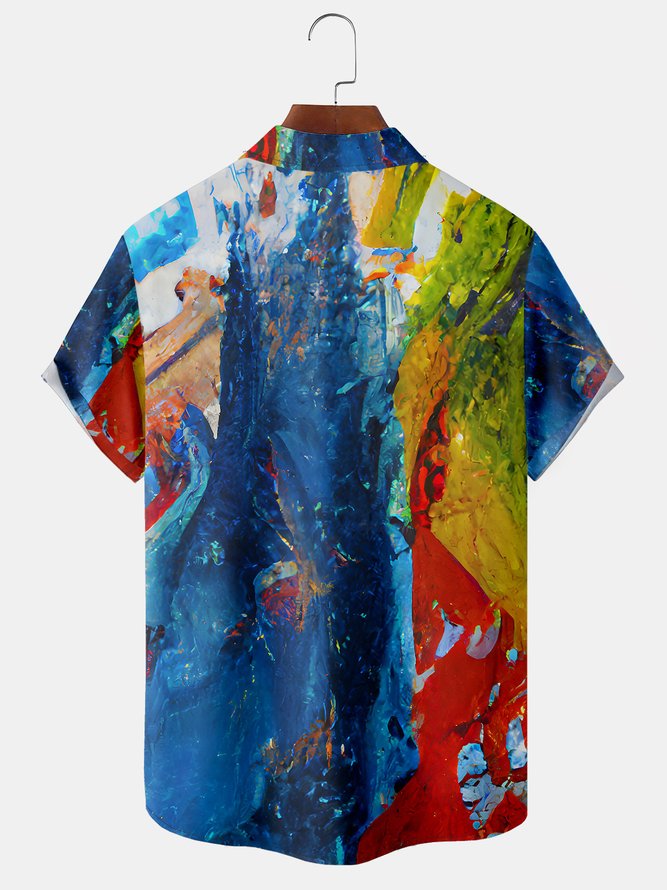 Men's Casual Art Splash Front Button Soft Breathable Chest Pocket Casual Hawaiian Shirt