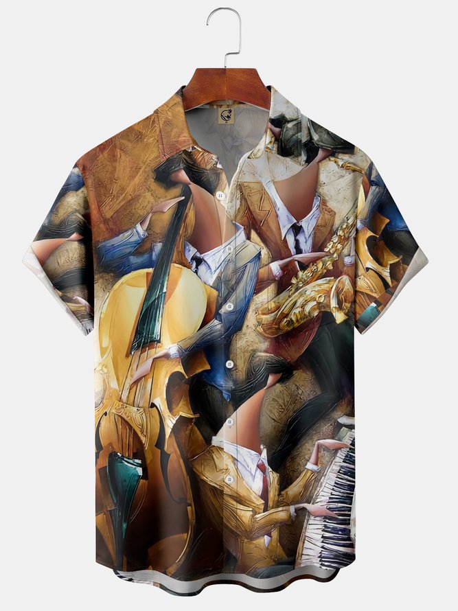 Men's Art Music Print Casual Breathable Short Sleeve Shirt with Pockets